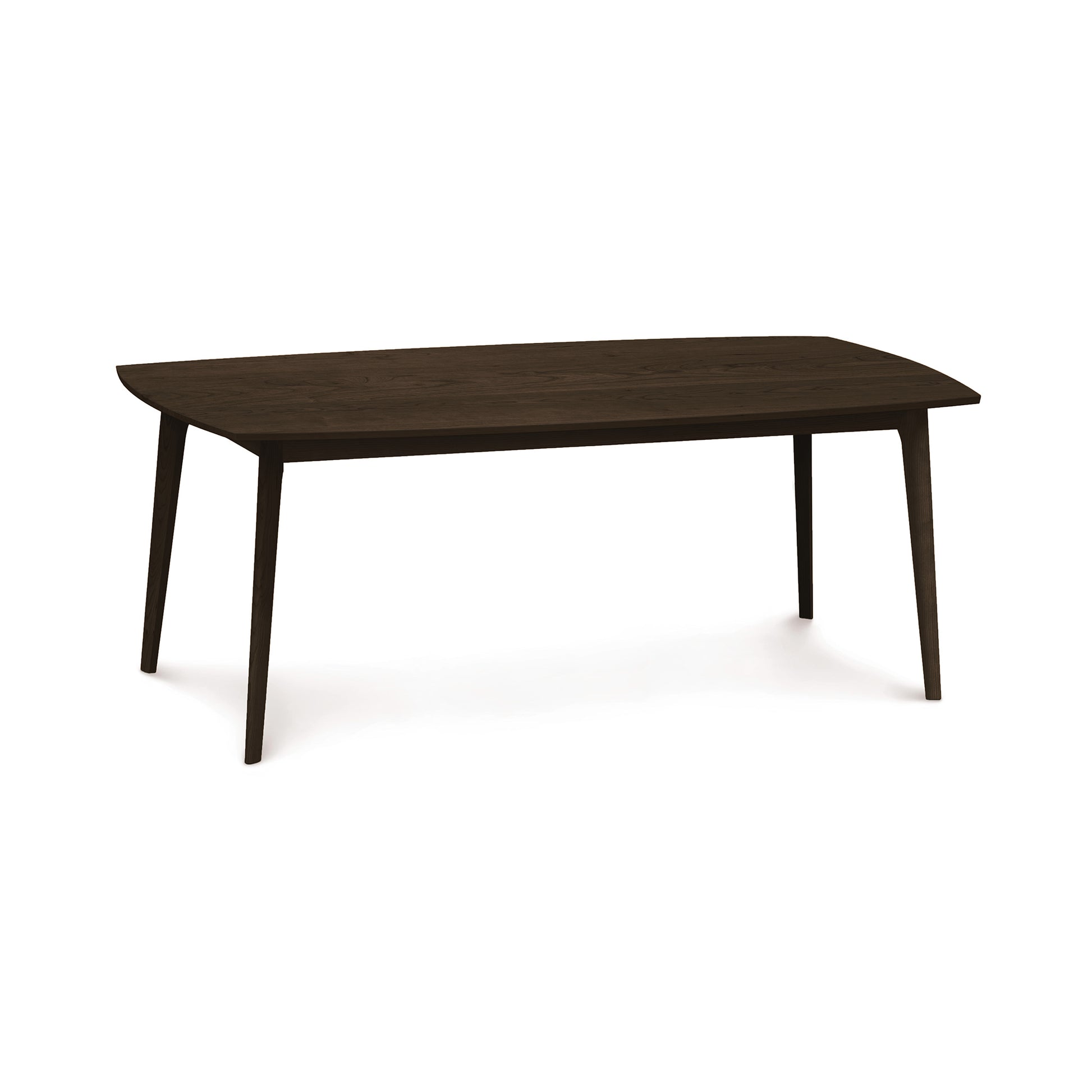 A dark, sustainably-sourced hardwood rectangular Copeland Furniture Catalina Solid-Top Table with slanted legs on a white background.