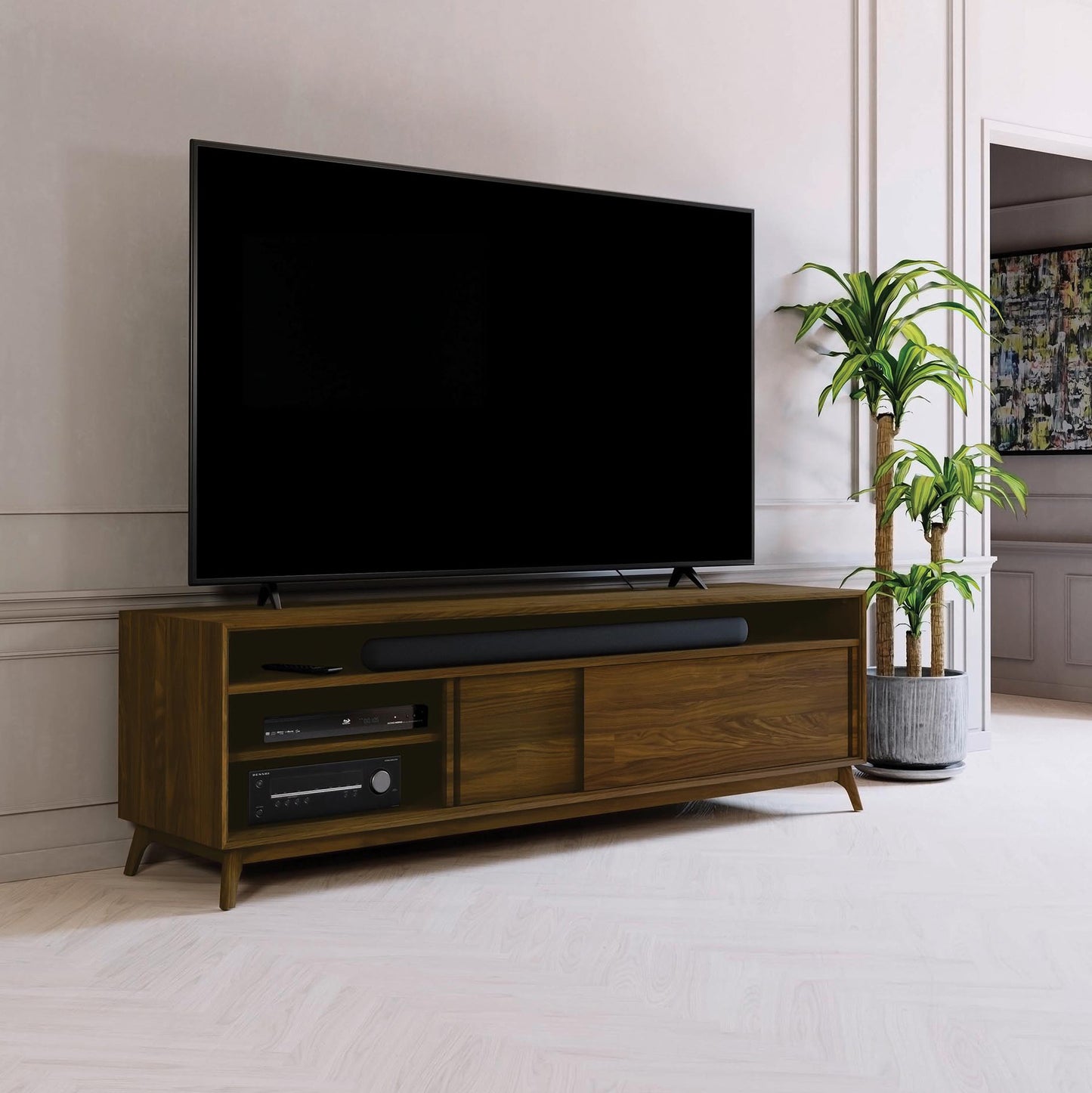 Copeland Furniture Catalina Media Cabinet in solid hardwood, showcasing American craftsmanship and quality construction, supporting electronics and a TV.