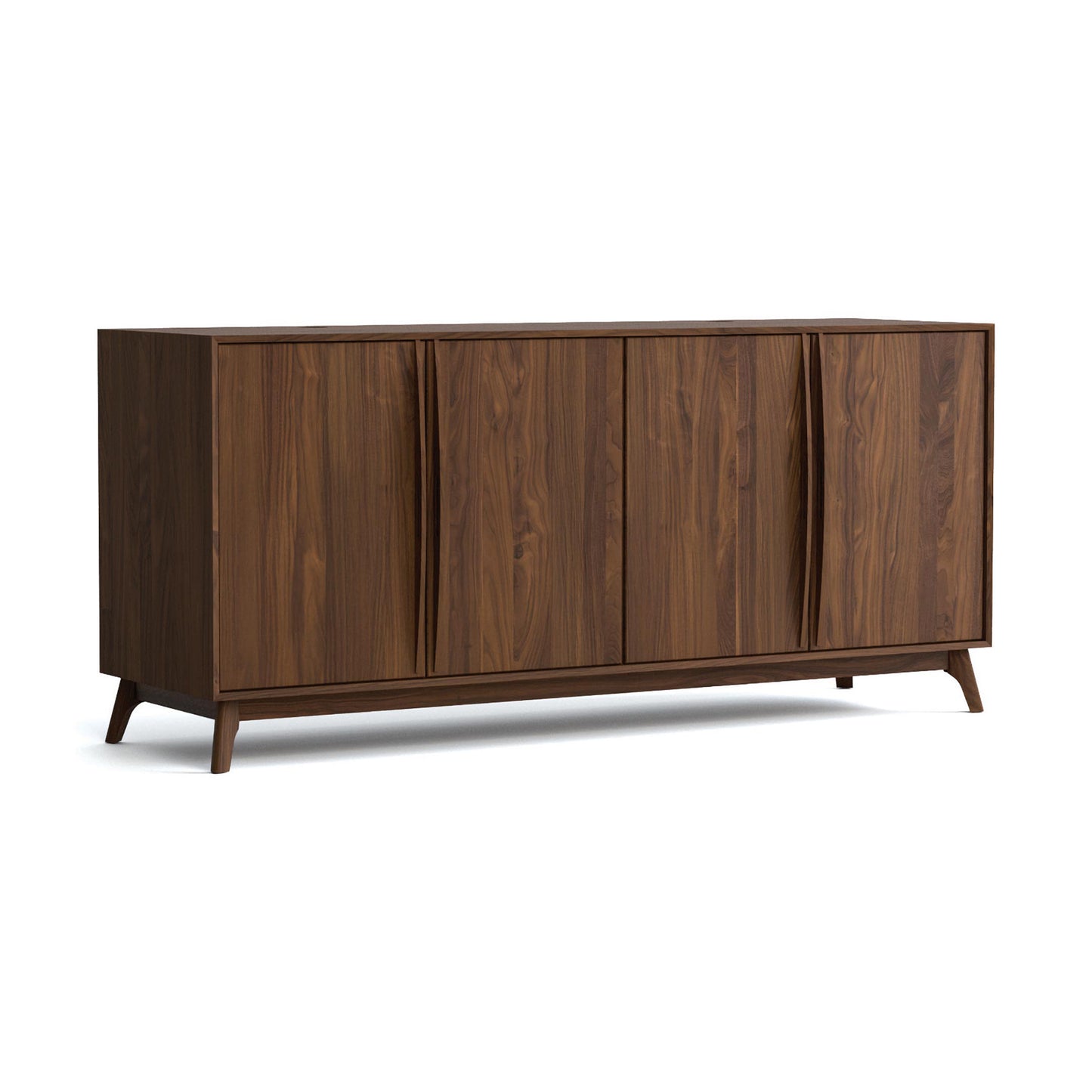 Catalina Media Console by Copeland Furniture with four doors, distinctive angled legs, and rich dark wood finish, handcrafted in Vermont.