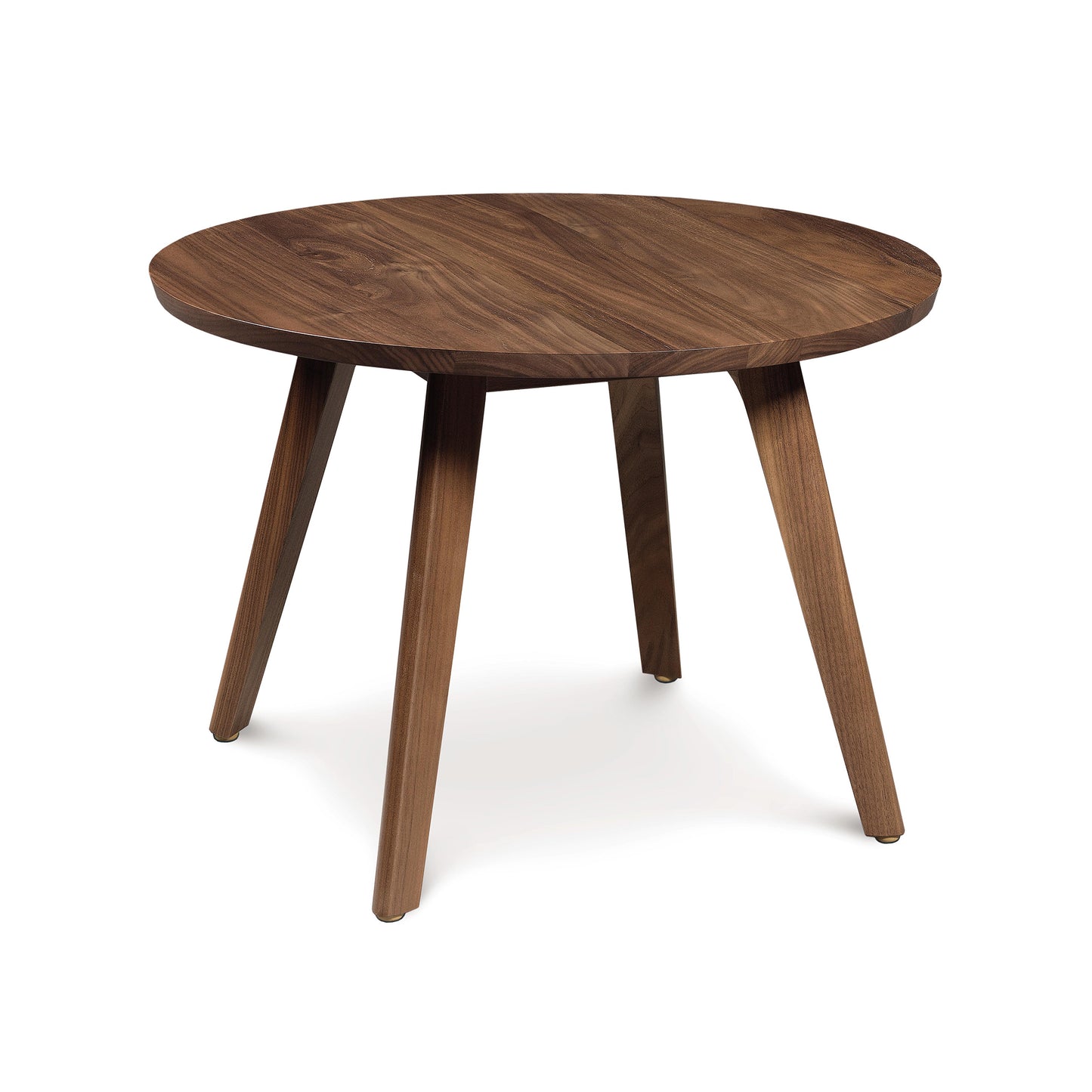 Catalina Side Table by Copeland Furniture featuring a round wooden top and four angled legs in a mid-century modern design.