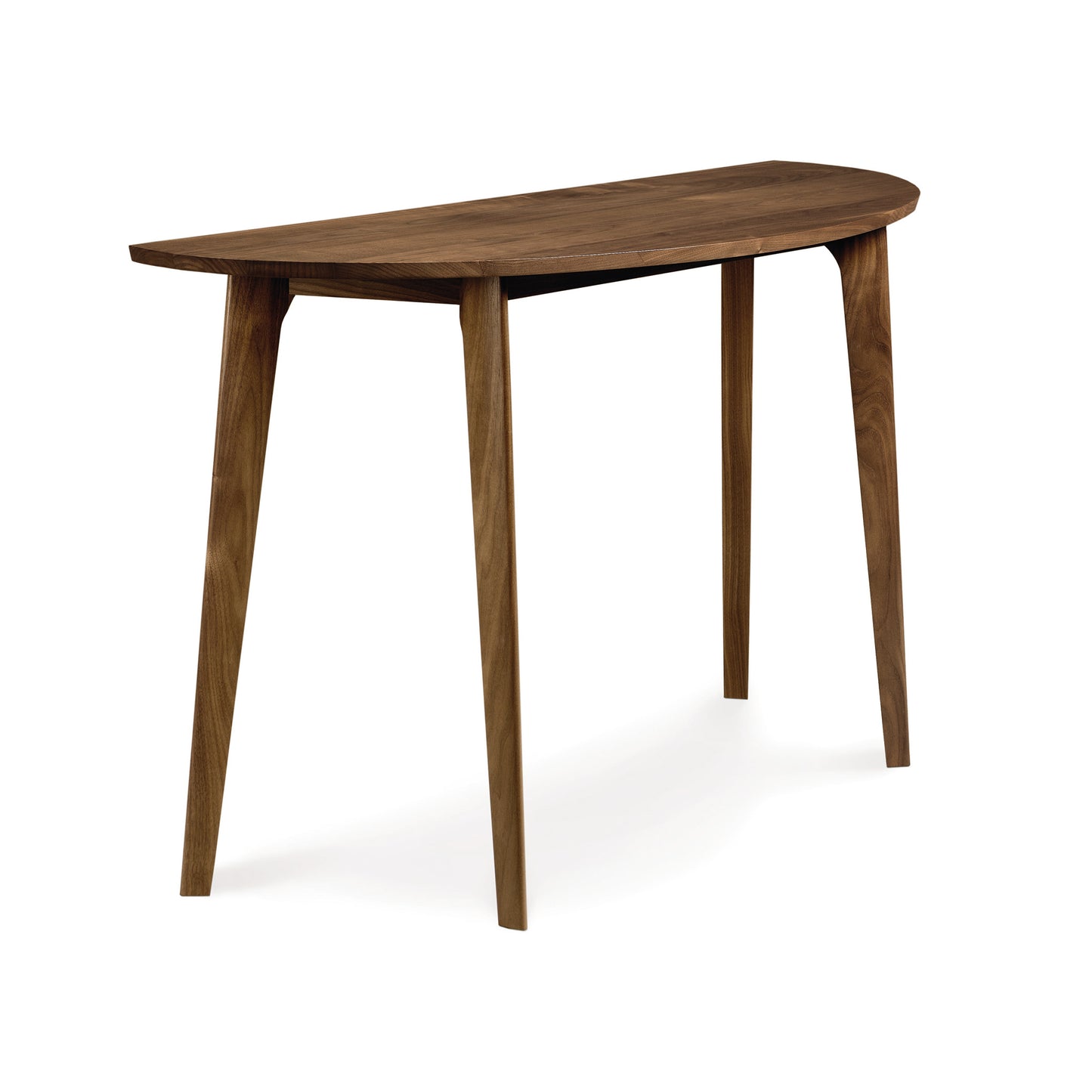 Catalina Sofa Table by Copeland Furniture, featuring a half-moon shape in solid walnut with a smooth dark finish and mid-century modern design.