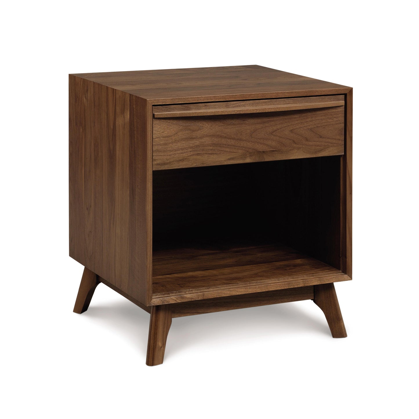 Mid-century modern Copeland Furniture Catalina Nightstand with angled legs, one drawer, and an enclosed shelf.