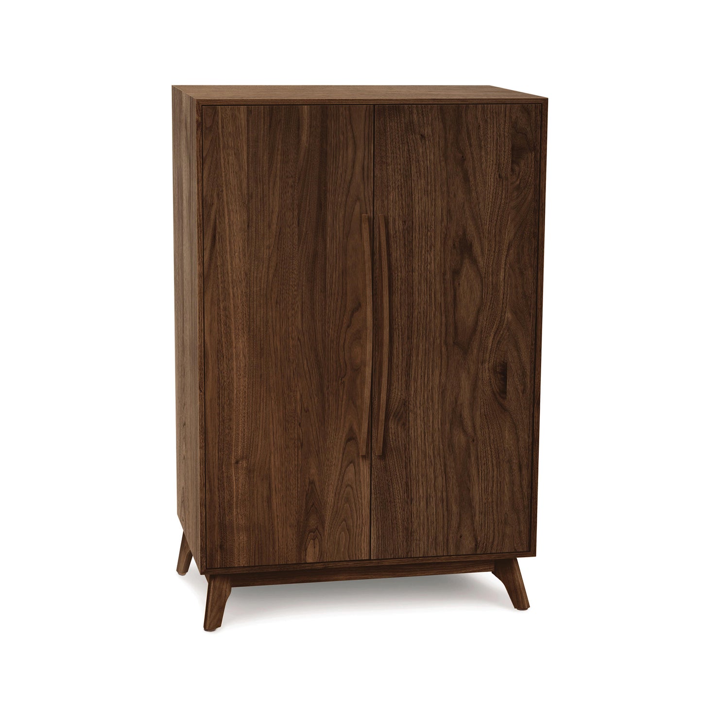 Copeland Catalina Bar Cabinet in dark brown wood featuring mid-century modern design, two doors, wine storage, and tapered legs.