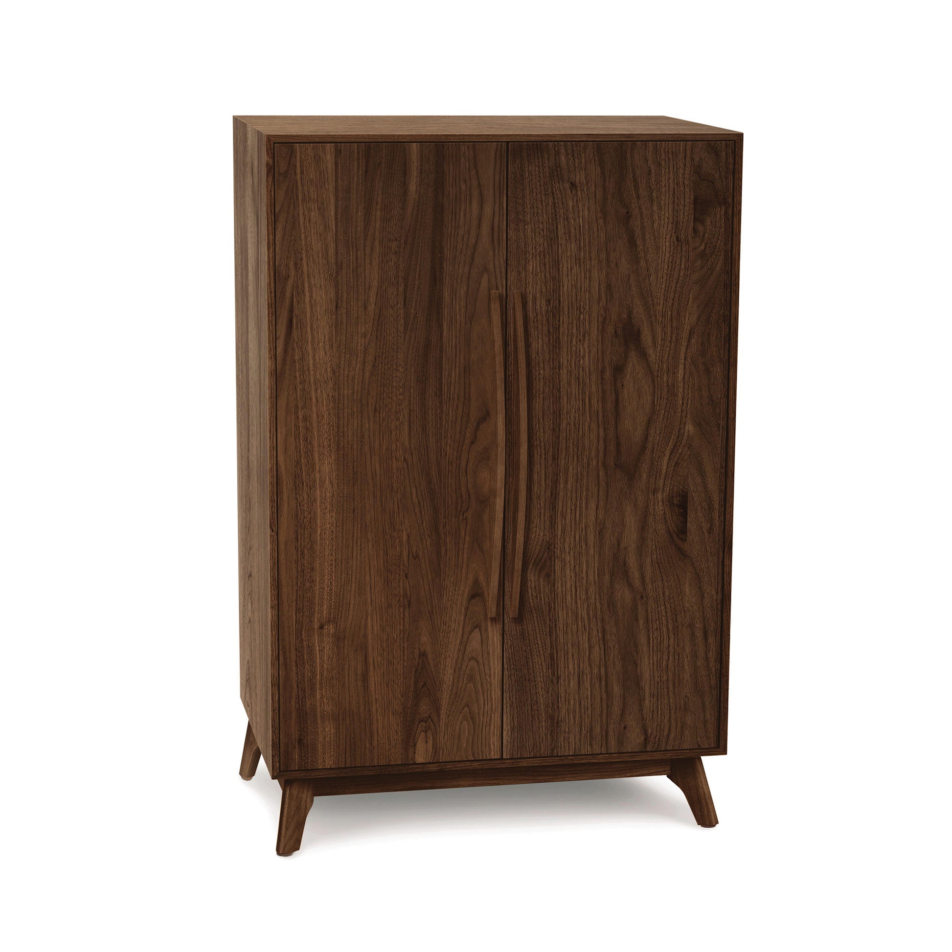 Copeland Catalina Bar Cabinet in dark brown wood featuring mid-century modern design, two doors, wine storage, and tapered legs.