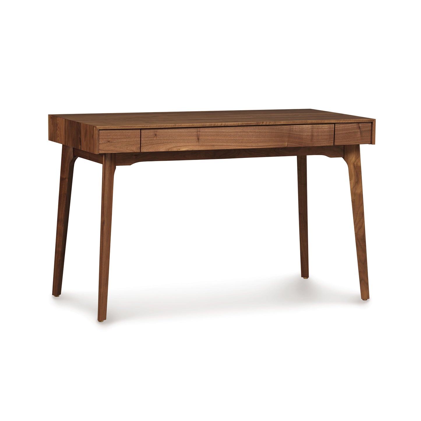 Catalina Desk by Copeland Furniture, Vermont-made, with sleek design, slender legs, natural walnut finish, and three drawers.