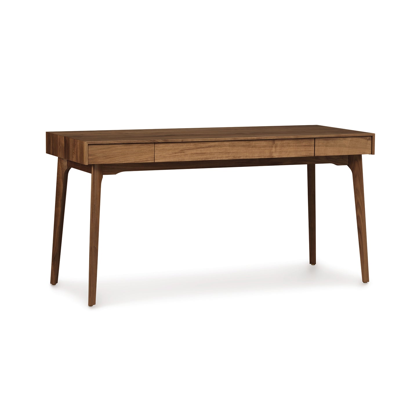 A modern desk with wooden legs and a drawer.