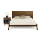 A wooden, mid-century modern style Copeland Furniture Catalina Walnut platform bed with a matching nightstand, featuring a lamp and books, isolated against a white background.