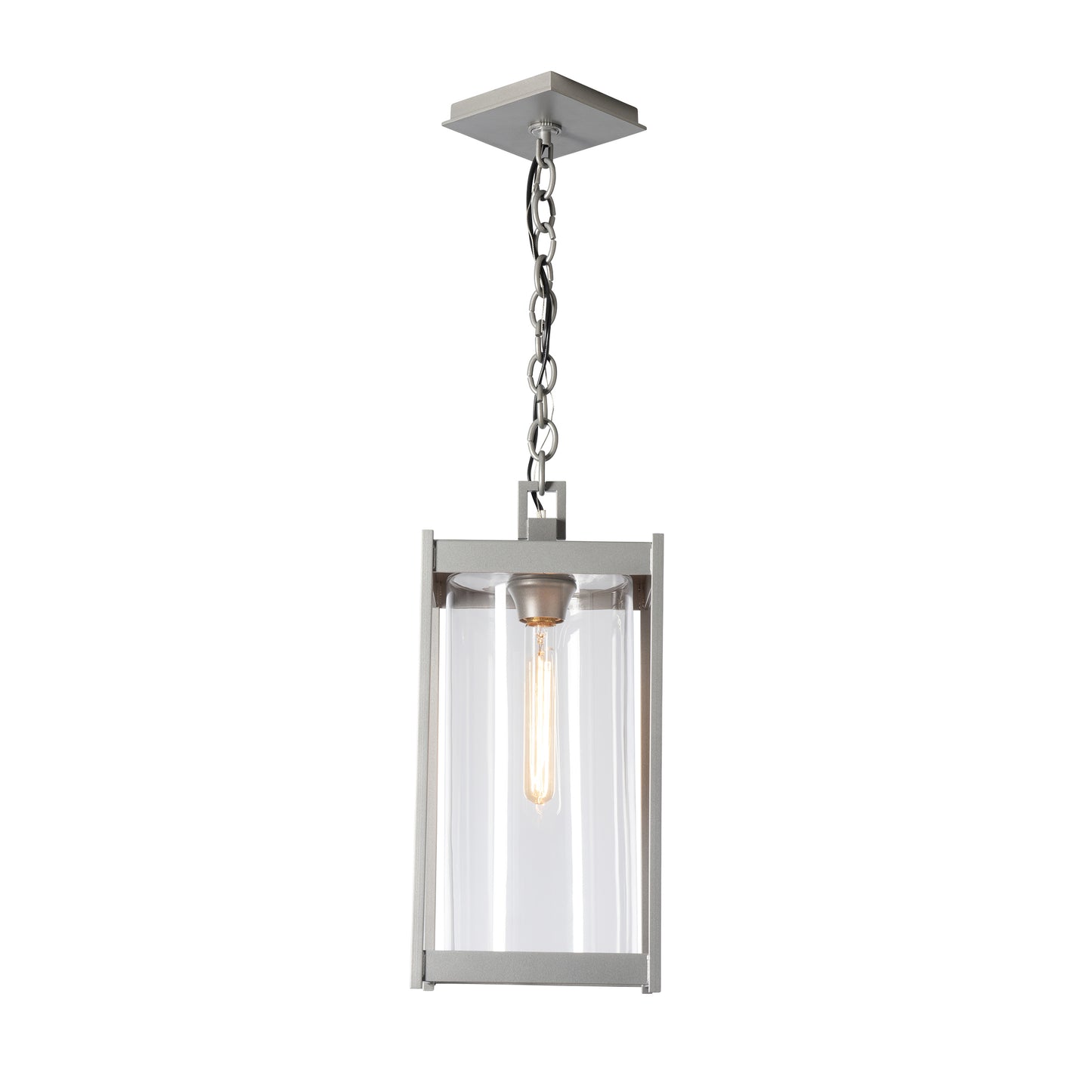 Cela Large Outdoor Lantern by Hubbardton Forge with a rectangular metal frame and Edison bulb, highlighting modern craftsmanship and elegant outdoor design.