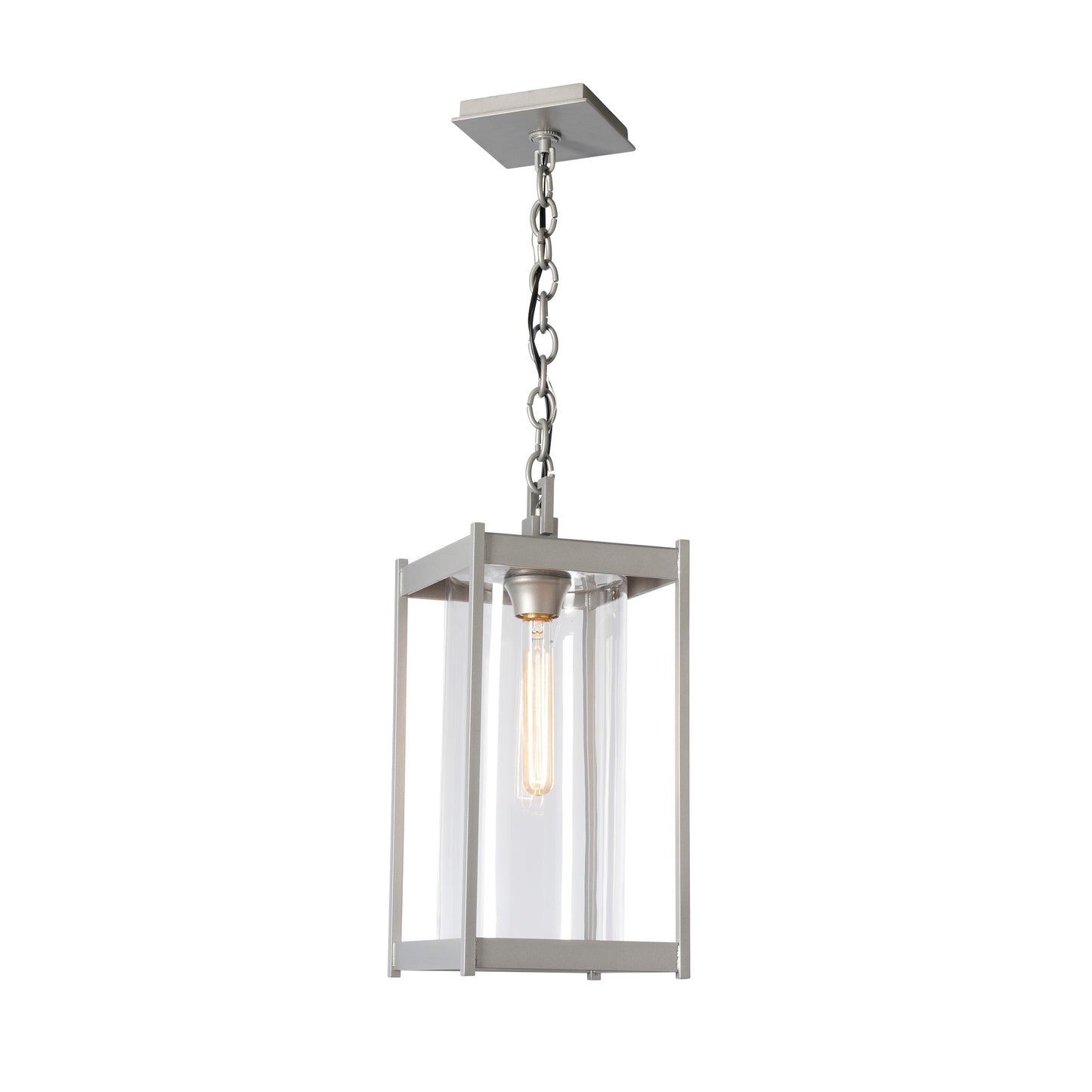 Cela Large Outdoor Lantern by Hubbardton Forge with steel frame, clear glass panels, and exposed bulb, showcasing modern outdoor lighting design.