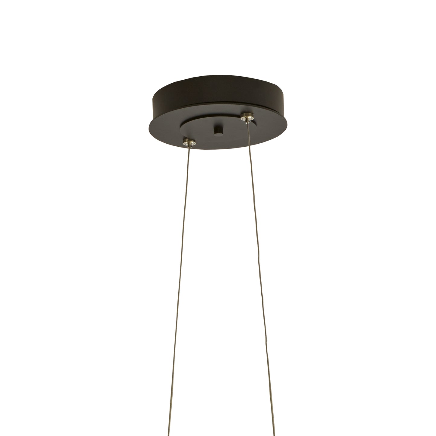 Black steel circular ceiling mount of Hubbardton Forge's Celesse Pendant featuring two thin cables.