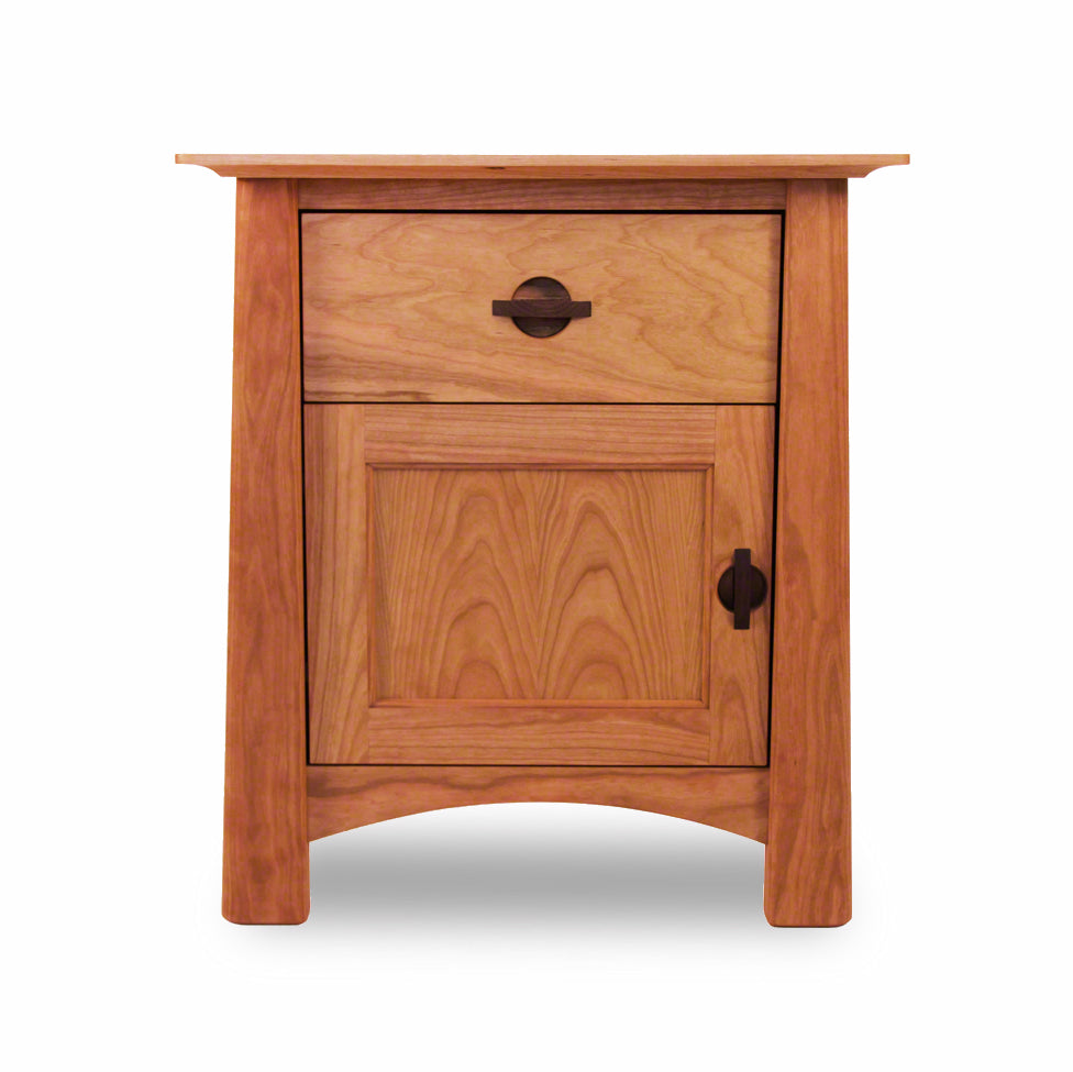 Cherry Moon 1-Drawer Nightstand with Door by Maple Corner Woodworks, showcasing sustainably harvested hardwood construction with a dark round handle on both the drawer and cabinet door.