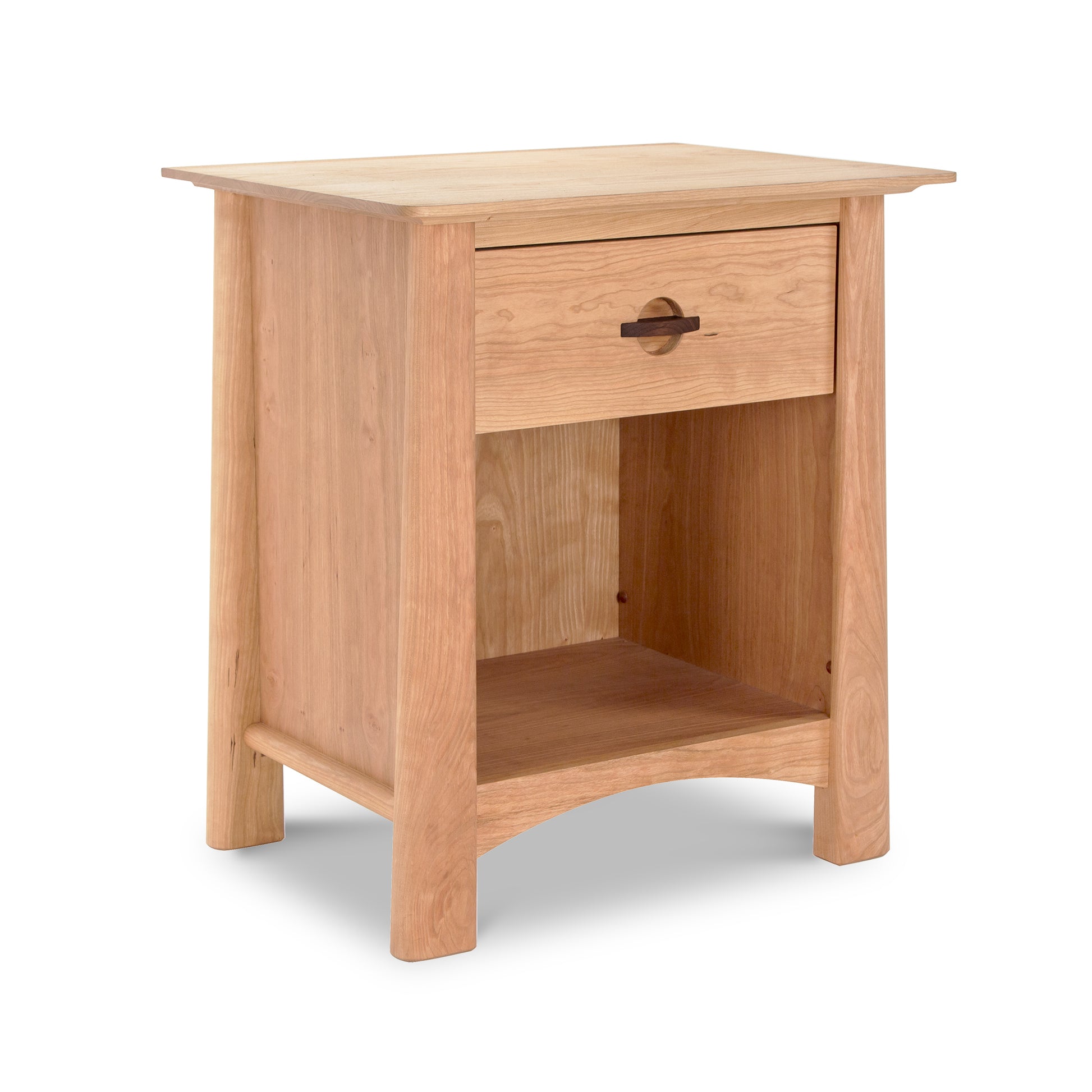 A Maple Corner Woodworks Cherry Moon 1-Drawer Enclosed Shelf Nightstand made from sustainably harvested hardwoods, featuring a single drawer with a metal handle and an open lower shelf, isolated on a white background.