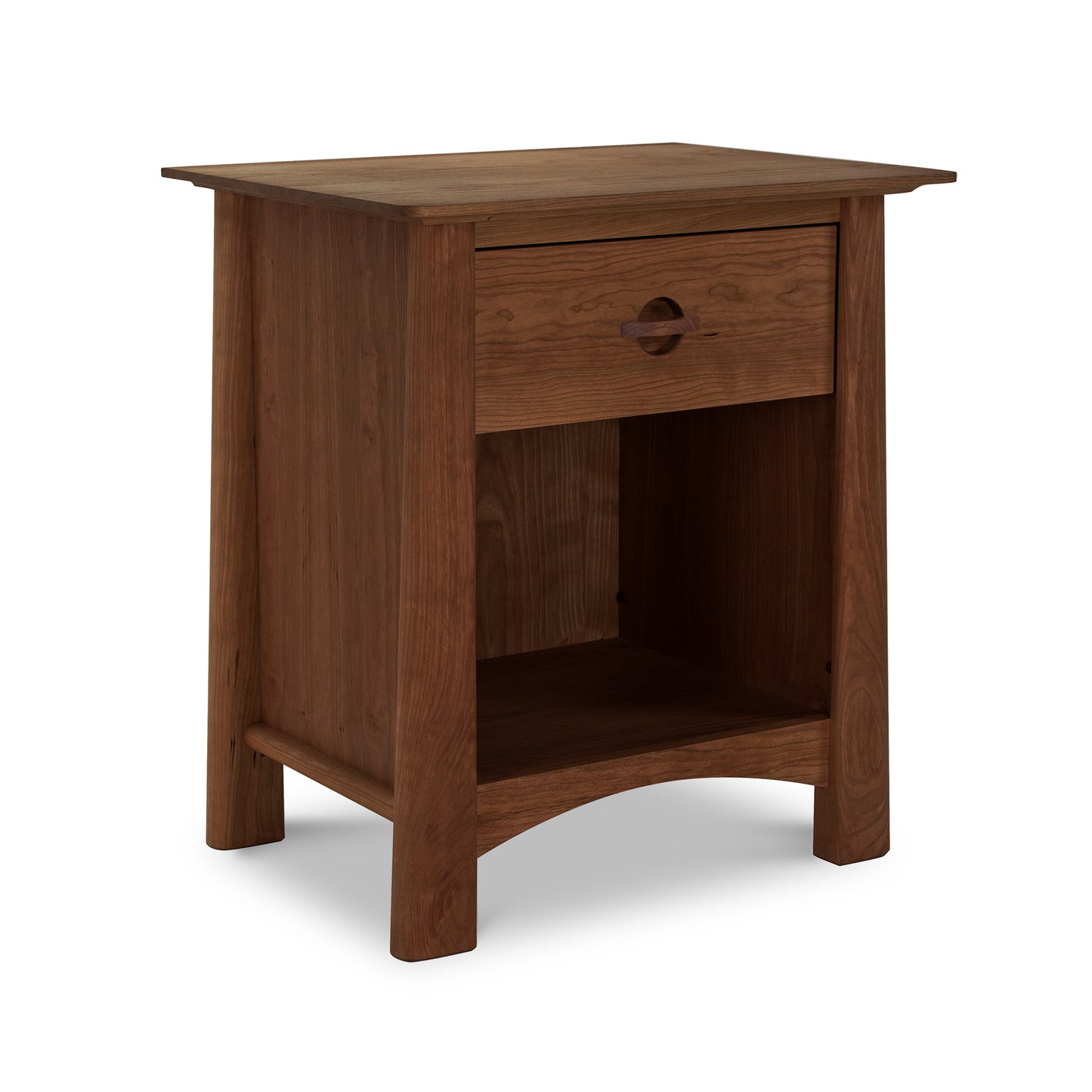 A Cherry Moon 1-Drawer Enclosed Shelf Nightstand by Maple Corner Woodworks, crafted from sustainably harvested hardwoods and featuring a simple knob on the drawer, isolated on a white background.