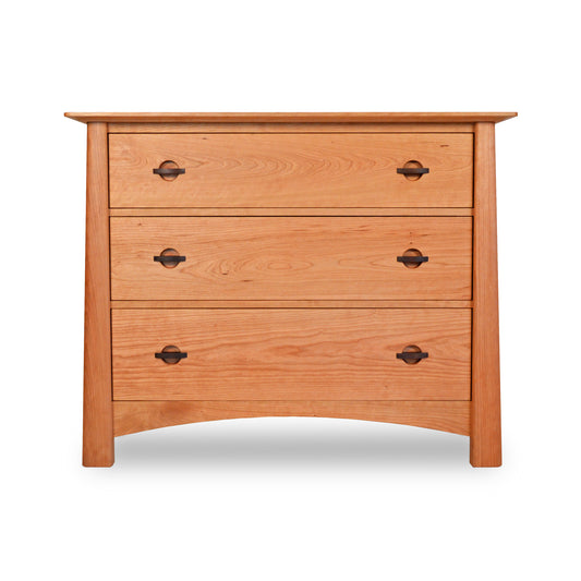 A Maple Corner Woodworks Cherry Moon 3-Drawer Chest isolated on a white background, crafted from sustainably harvested woods.