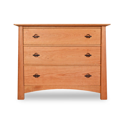 A Maple Corner Woodworks Cherry Moon 3-Drawer Chest, crafted from sustainable hardwoods, against a white background.