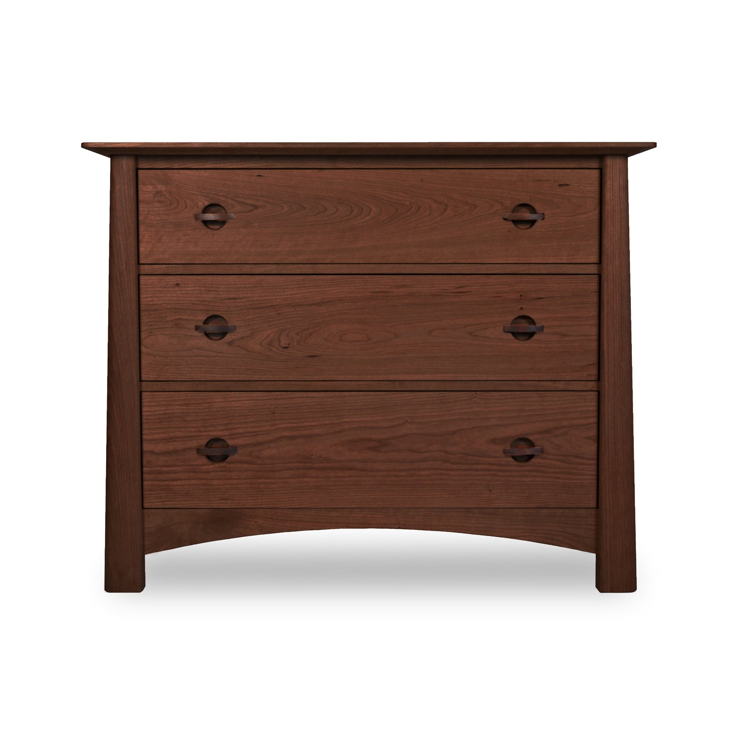 A Maple Corner Woodworks Cherry Moon 3-Drawer Chest made from sustainable hardwoods, with round knobs against a white background.