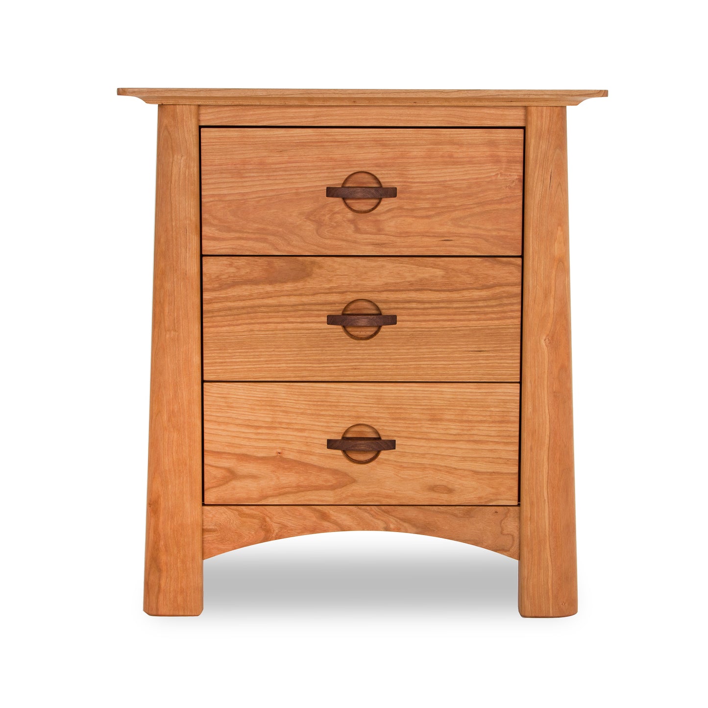 Cherry Moon 3-Drawer Nightstand by Maple Corner Woodworks with sustainably harvested hardwood, featuring three drawers, round handles, light wood finish, and elegantly curved base.