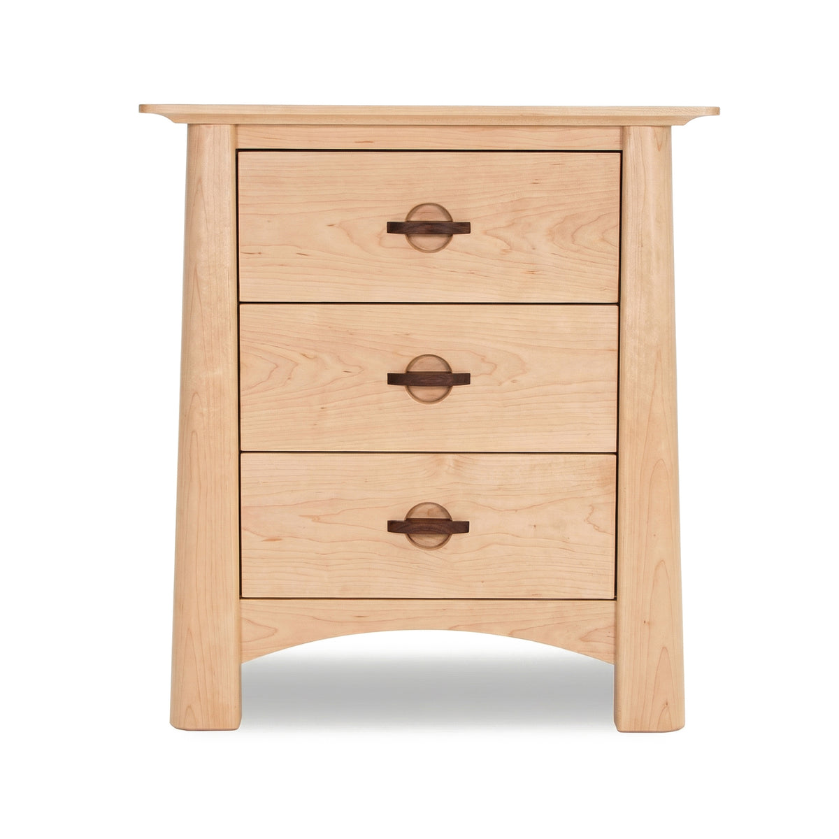 Cherry Moon 3-Drawer Nightstand by Maple Corner Woodworks, showcasing elegant Vermont craftsmanship with three spacious drawers, curved handles, and slightly curved legs in a light brown finish.