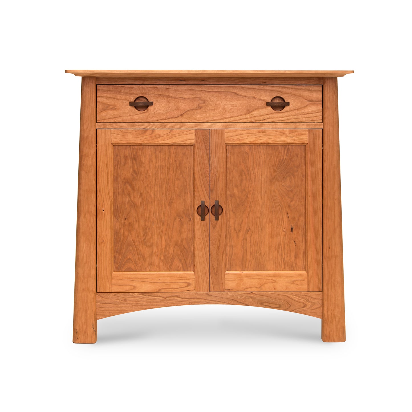A Maple Corner Woodworks Cherry Moon Small 38" Sideboard with a solid hardwood cabinet with a smooth, eco-friendly oil finish, featuring two doors and a single drawer, all with round, dark knobs. The sideboard is set against a solid white background.