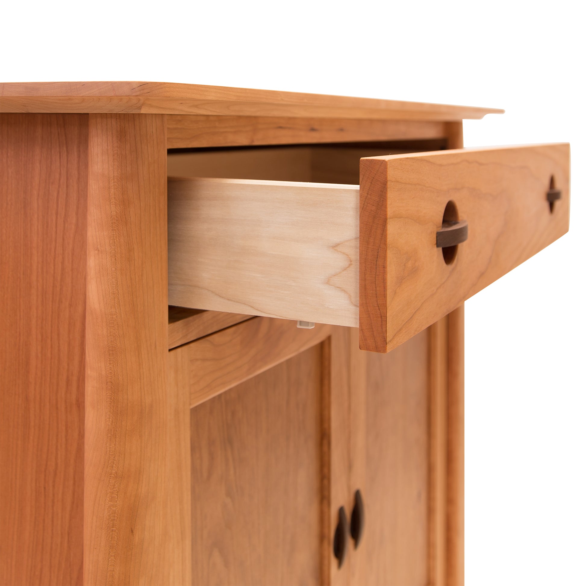Solid hardwood Cherry Moon Small 38" Sideboard with an open drawer showing the interior structure, set against a plain white background. The drawer features a simple knob by Maple Corner Woodworks.