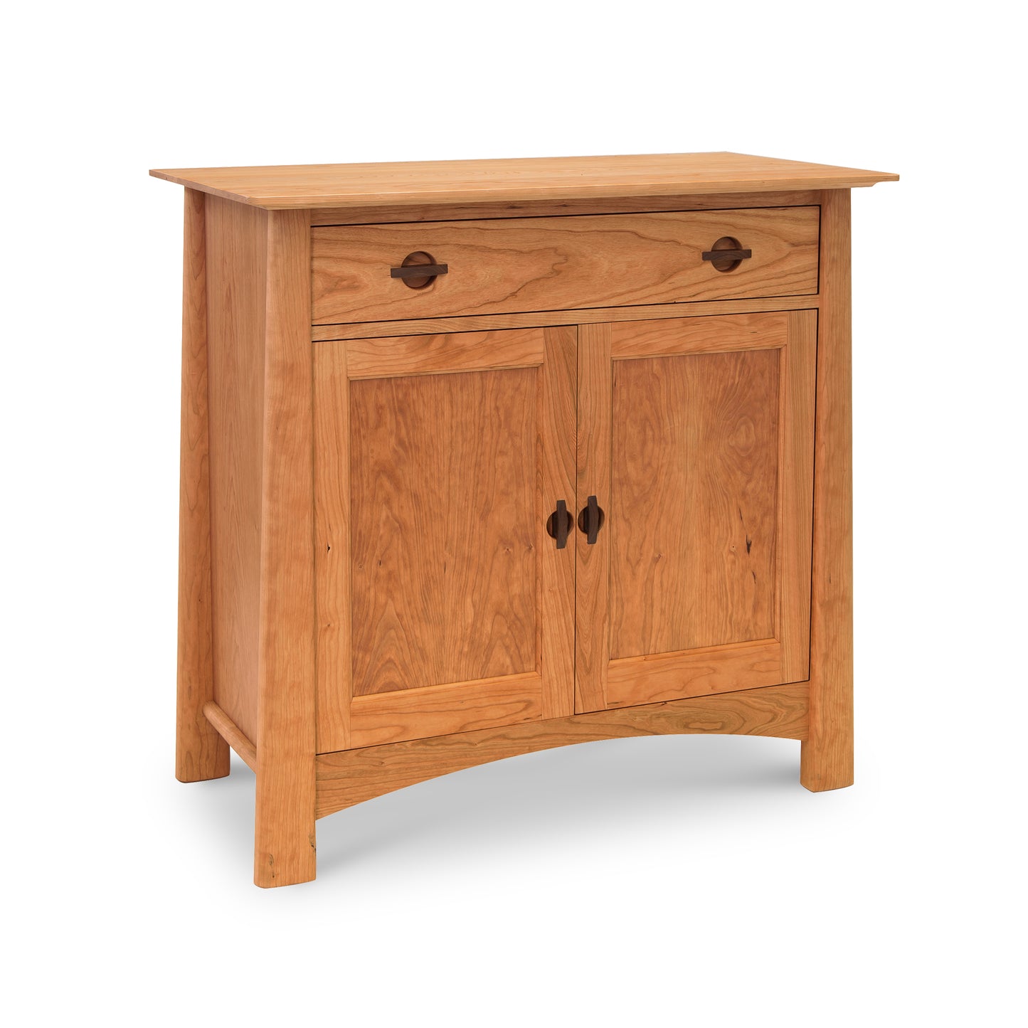 A Cherry Moon Small 38" Sideboard from Maple Corner Woodworks, with a drawer on top and two doors below, featuring dark metal handles, against a white background.