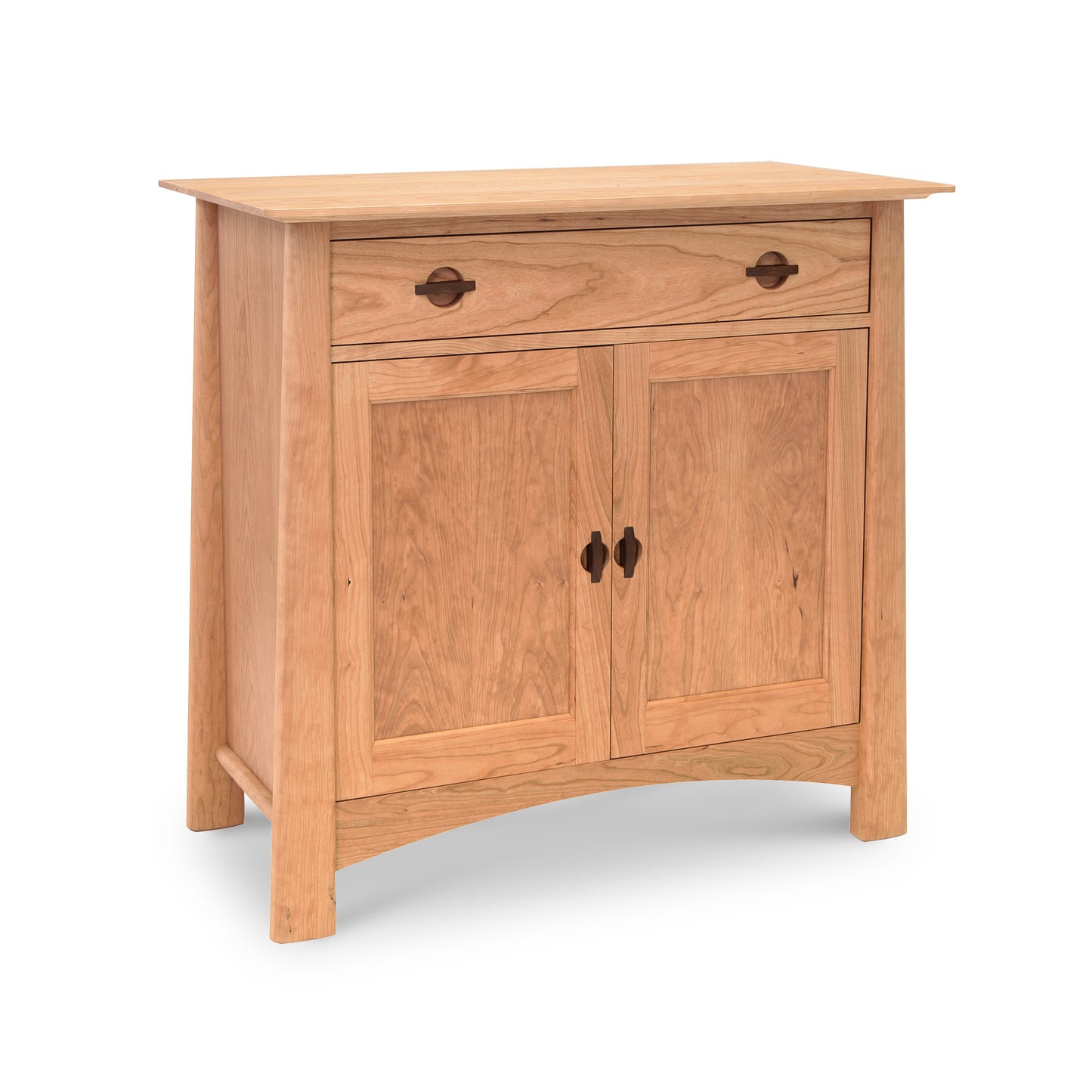 Cherry Moon Small 38" Sideboard by Maple Corner Woodworks, featuring a wooden cabinet with a single drawer and two doors, accented by dark round knobs and a light brown finish from sustainably harvested hardwood.