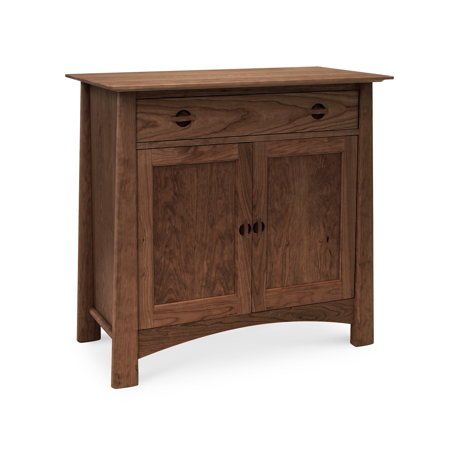 Cherry Moon Small 38" Sideboard by Maple Corner Woodworks, showcasing exquisite craftsmanship with one drawer and two circular-handled doors, made from sustainably sourced hardwood.