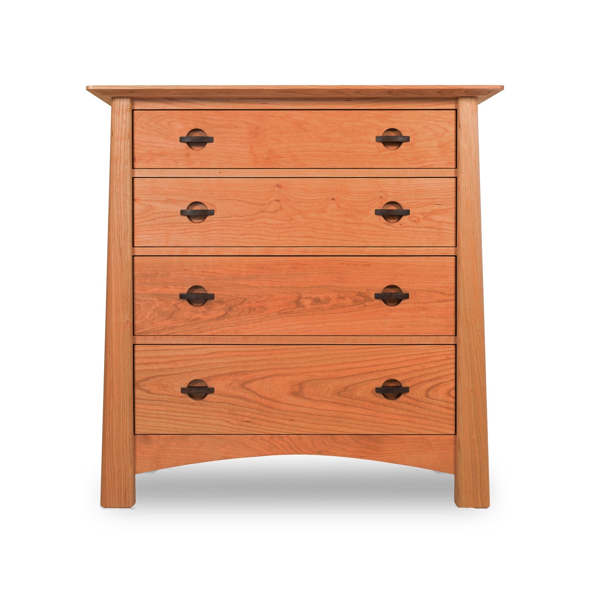 A Maple Corner Woodworks Cherry Moon 4-Drawer Chest with round knobs on a white background.