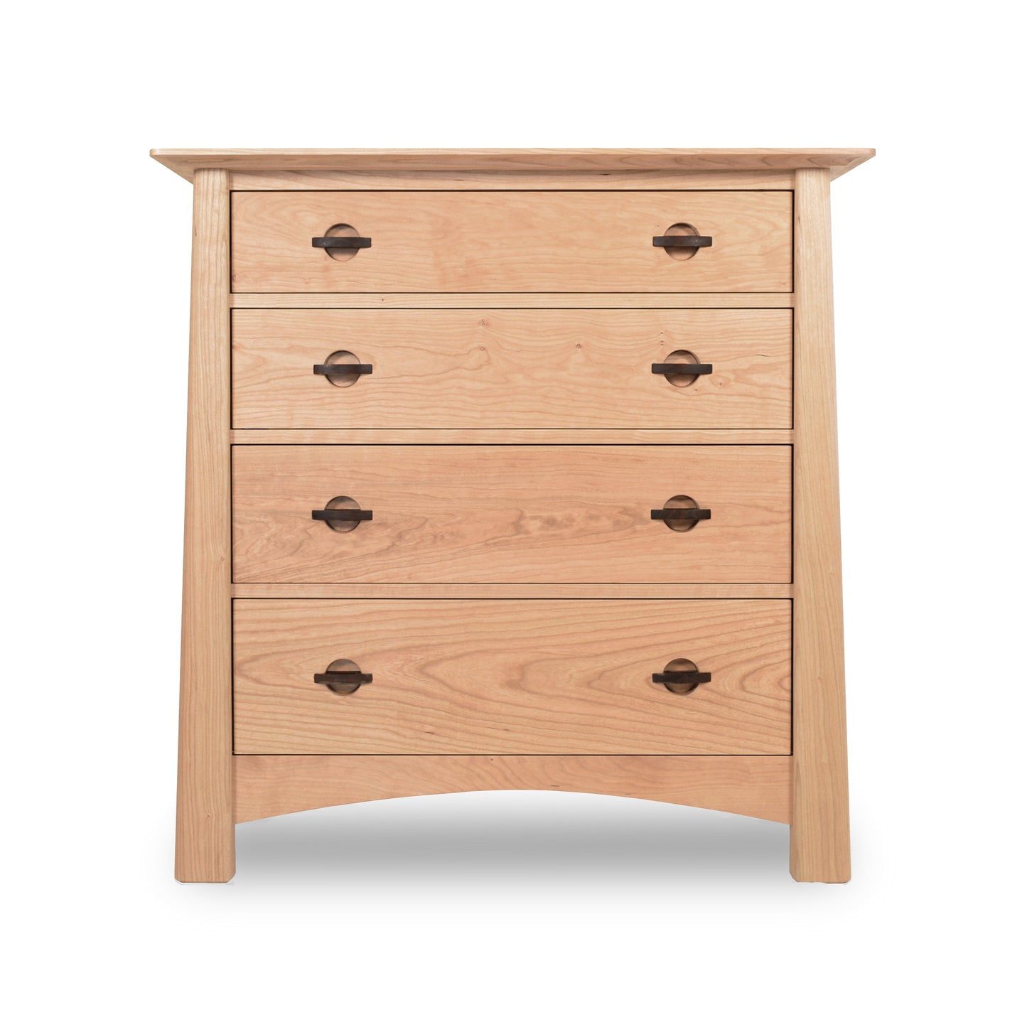 A Cherry Moon 4-Drawer Chest by Maple Corner Woodworks with round metal handles isolated on a white background.
