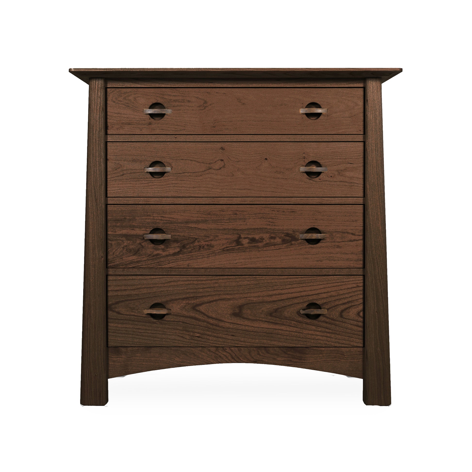 A Cherry Moon 4-Drawer Chest with a dark brown finish, featuring five drawers, each with a pair of round, black metal handles, isolated on a white background by Maple Corner Woodworks.