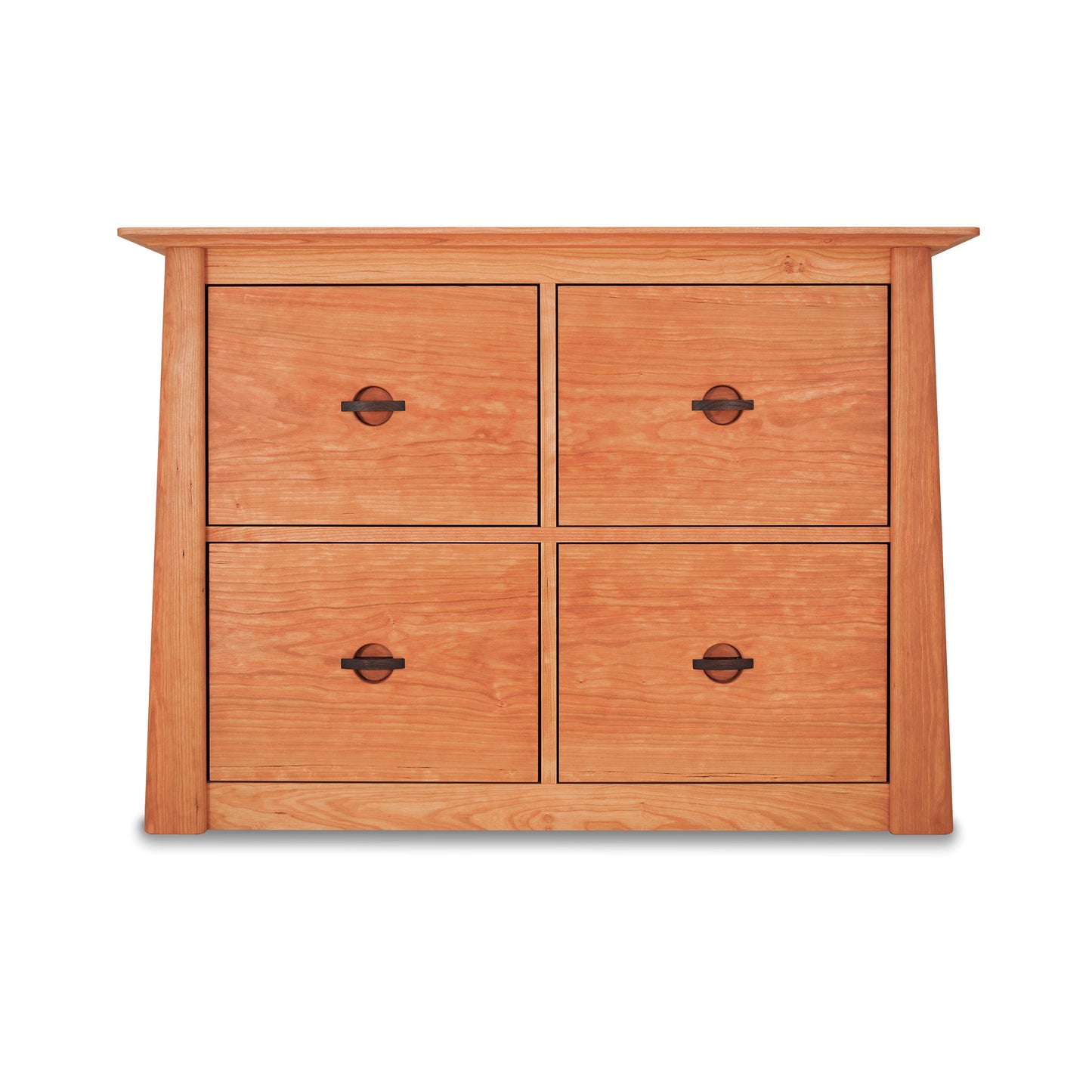 A solid Cherry Moon 4-Drawer File Credenza with four compartments and round handles, isolated on a white background by Maple Corner Woodworks.