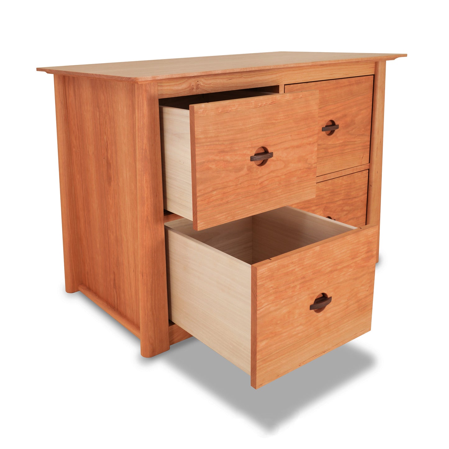 Solid cherry wood chest with four drawers, featuring open drawers displaying empty interiors, crafted by Maple Corner Woodworks in a natural wood finish.