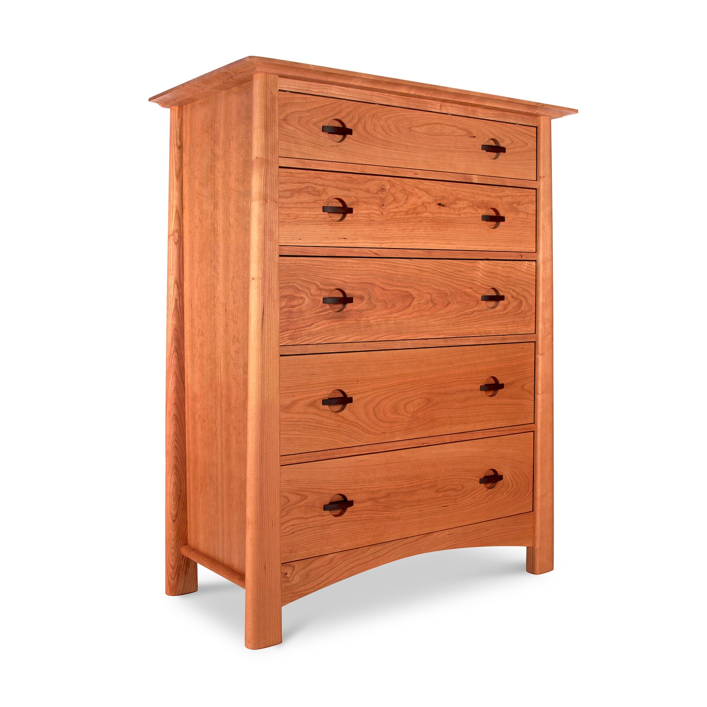 Cherry Moon 5-Drawer Chest by Maple Corner Woodworks featuring sleek black handles in high-quality cherry wood design.