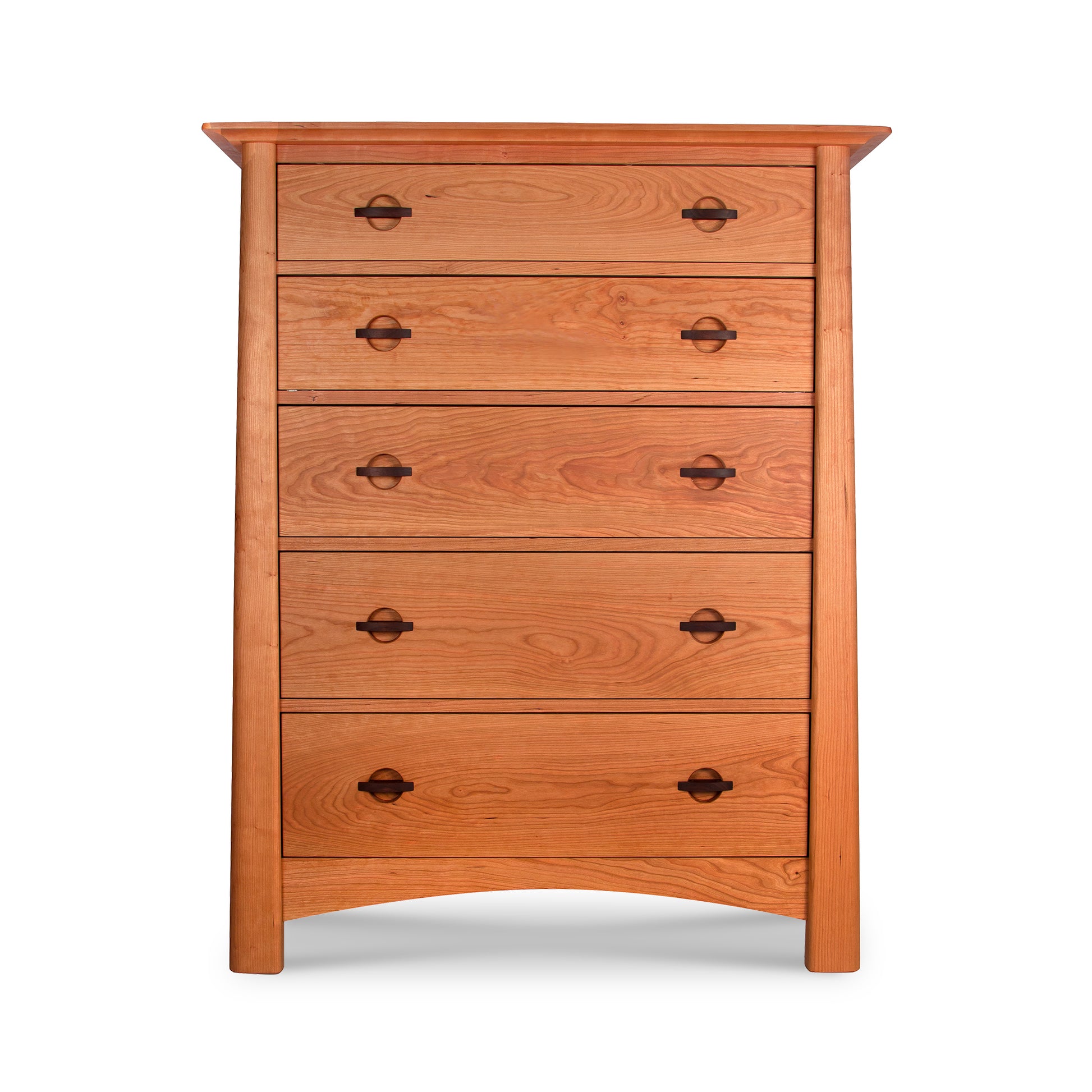 A wooden five-drawer dresser with round metal handles, isolated on a white background. The dresser features a Maple Corner Woodworks Cherry Moon 5-Drawer Chest design and a natural grain finish with Vermont craftsmanship.