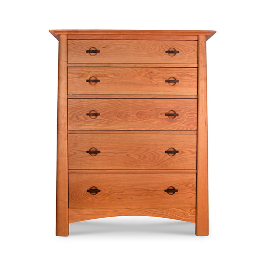 Cherry Moon 5-Drawer Chest featuring handcrafted hardwood, five drawers with black metal handles, smooth finish, and subtly curved base design.