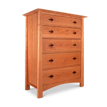 A tall Cherry Moon 5-Drawer Chest, crafted with Vermont craftsmanship by Maple Corner Woodworks, with each drawer fitted with two round knobs, standing against a white background.