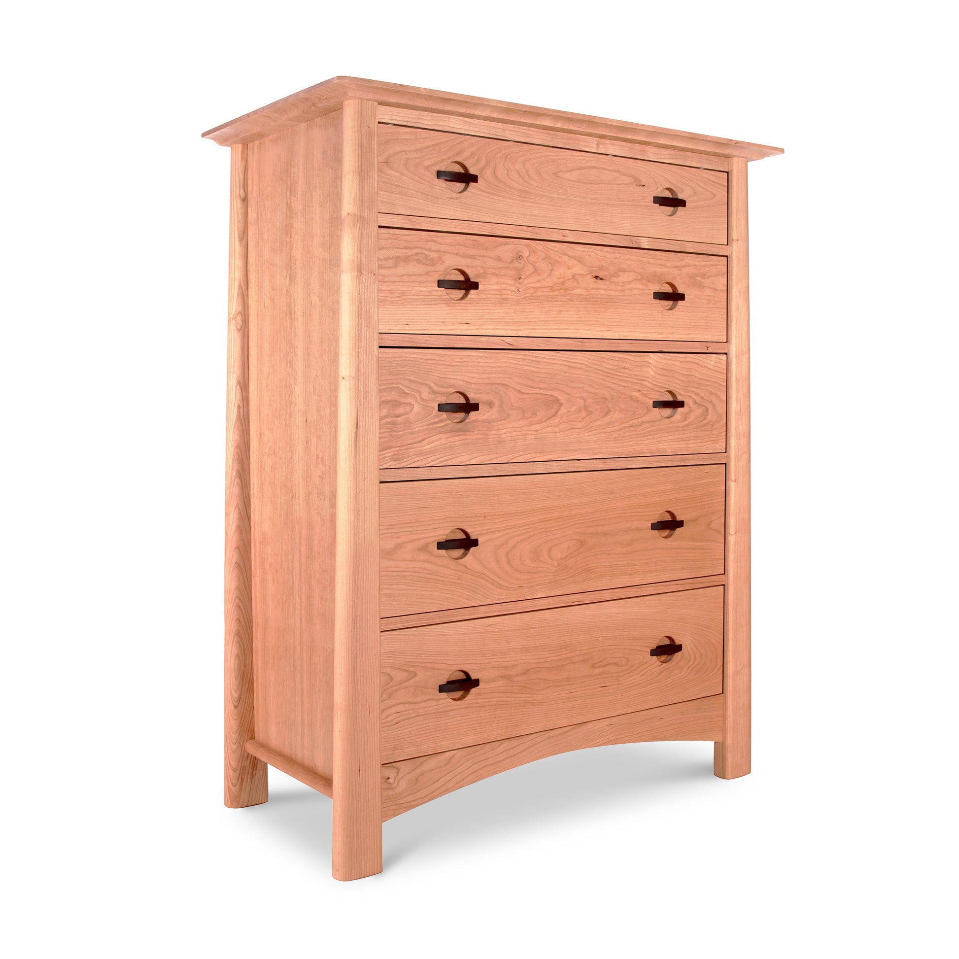 A Cherry Moon 5-Drawer Chest made of natural cherry wood, featuring rounded handles on each drawer, isolated against a white background.