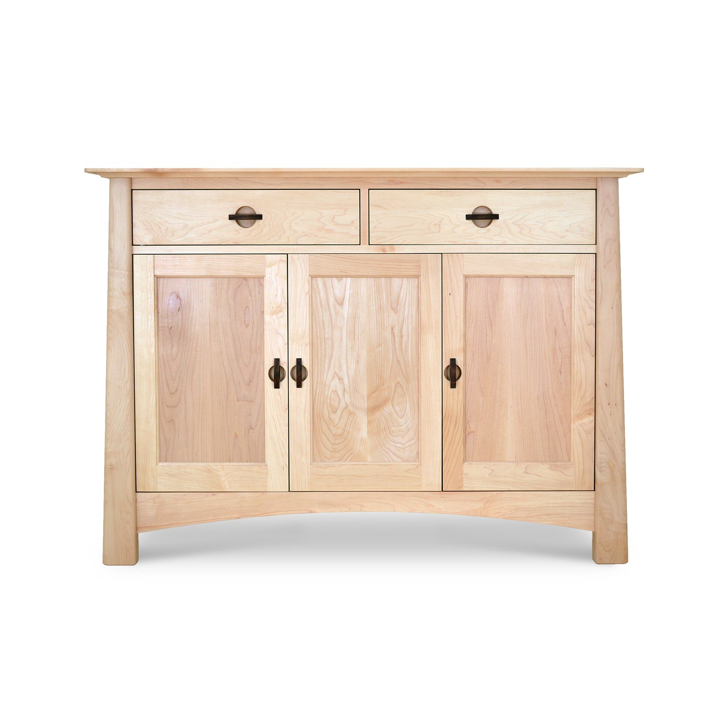 A Cherry Moon Medium Sideboard from Maple Corner Woodworks, with three doors and two drawers, featuring metal handles, isolated on a white background. The wood has a light Cherry Moon finish.