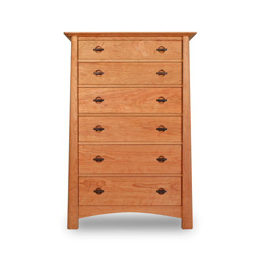 A Maple Corner Woodworks Cherry Moon 6-Drawer Chest, crafted from eco-friendly hardwoods by Vermont Woods Studios, stands against a white background with six symmetrically arranged handles.