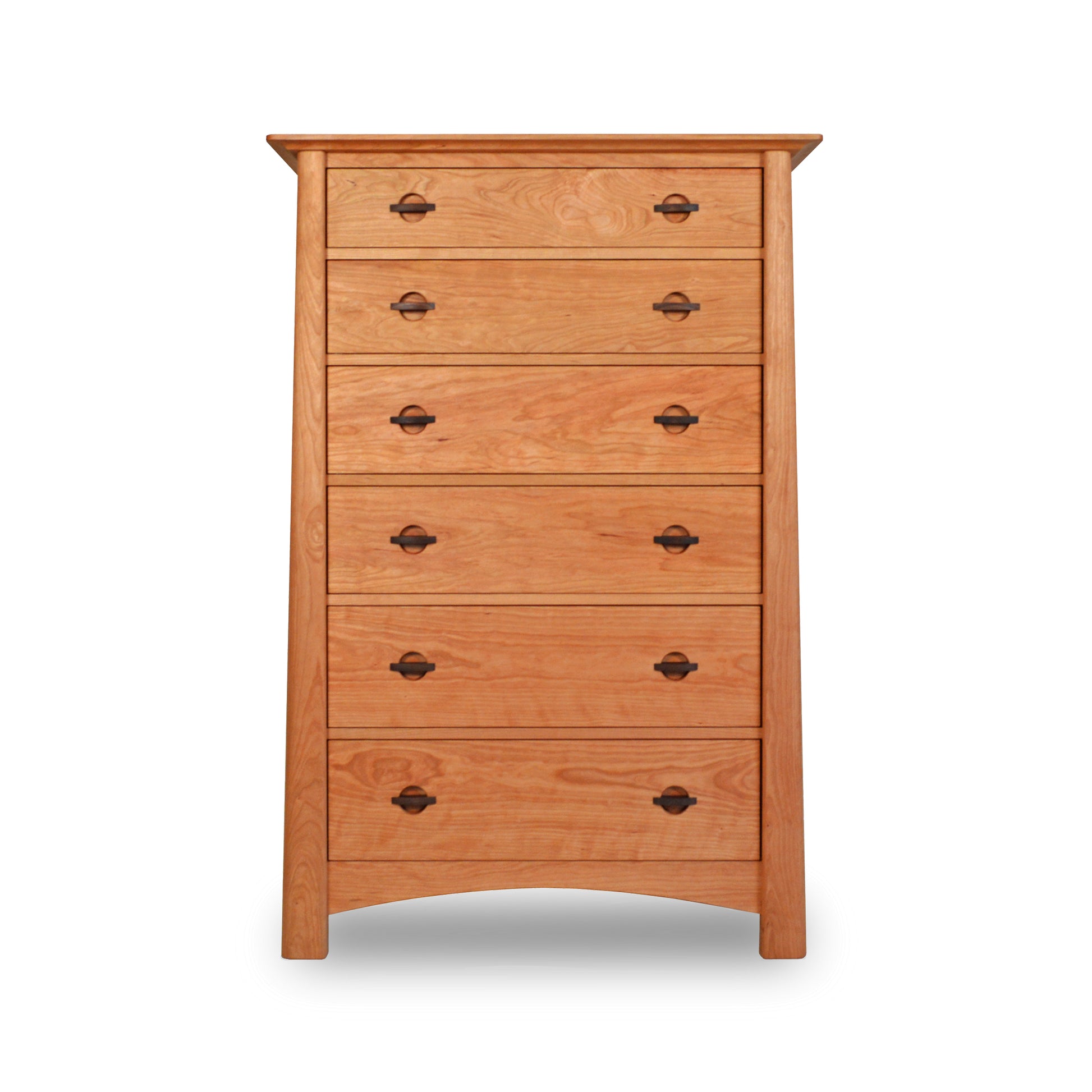 A tall Maple Corner Woodworks Cherry Moon 6-Drawer Chest made from eco-friendly hardwoods, each drawer fitted with two round handles, against a plain white background.