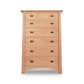 A Cherry Moon 6-Drawer Chest crafted from eco-friendly hardwoods with six drawers, each featuring two round handles, standing against a plain white background. The dresser has a light natural wood finish and a simple, classic design by Maple Corner Woodworks.