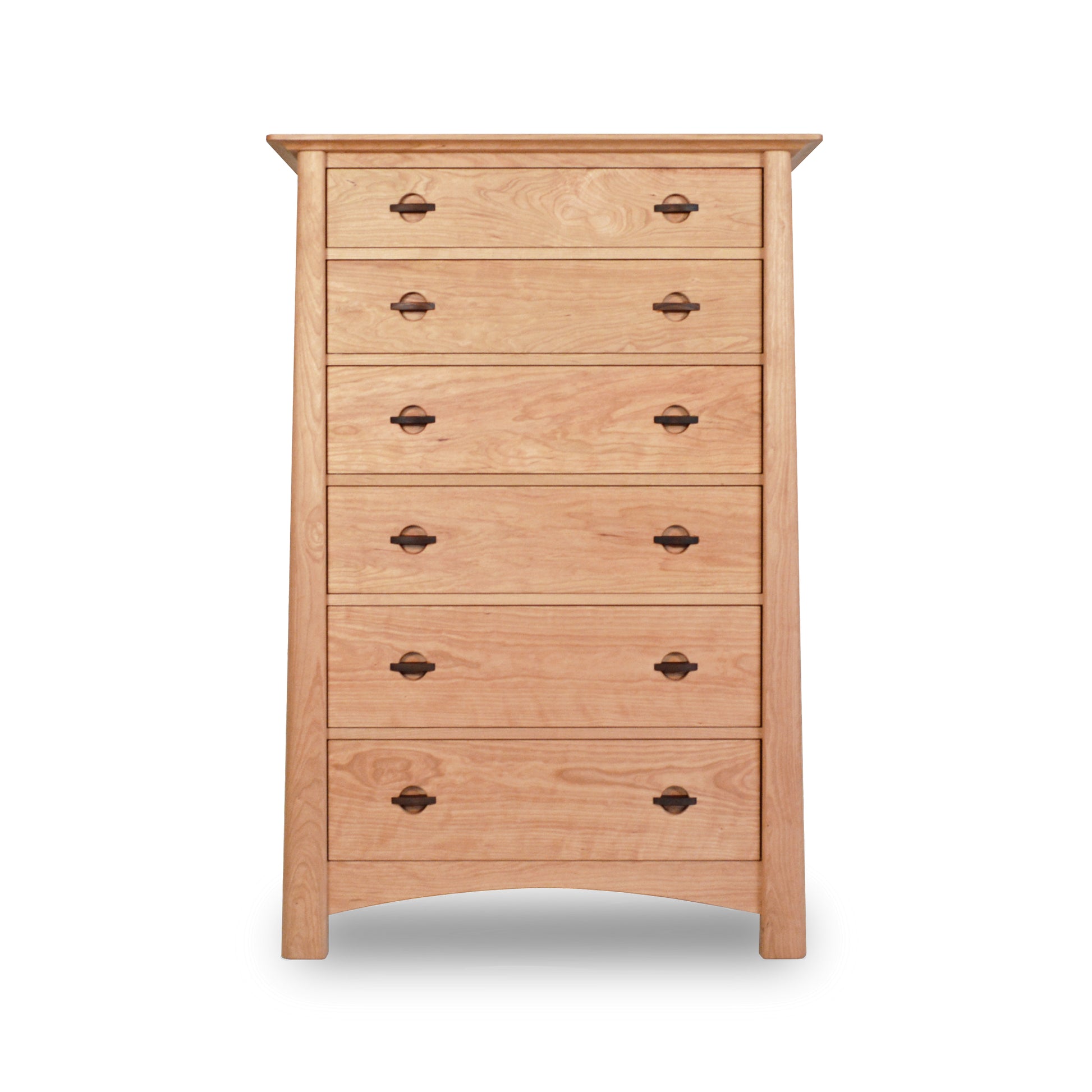 A Cherry Moon 6-Drawer Chest crafted from eco-friendly hardwoods with six drawers, each featuring two round handles, standing against a plain white background. The dresser has a light natural wood finish and a simple, classic design by Maple Corner Woodworks.