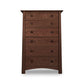 A Cherry Moon 6-Drawer Chest crafted from eco-friendly hardwoods with five drawers, each featuring a round knob. The dresser has a rich, dark brown finish and stands against a plain white background. Brand: Maple Corner Woodworks.