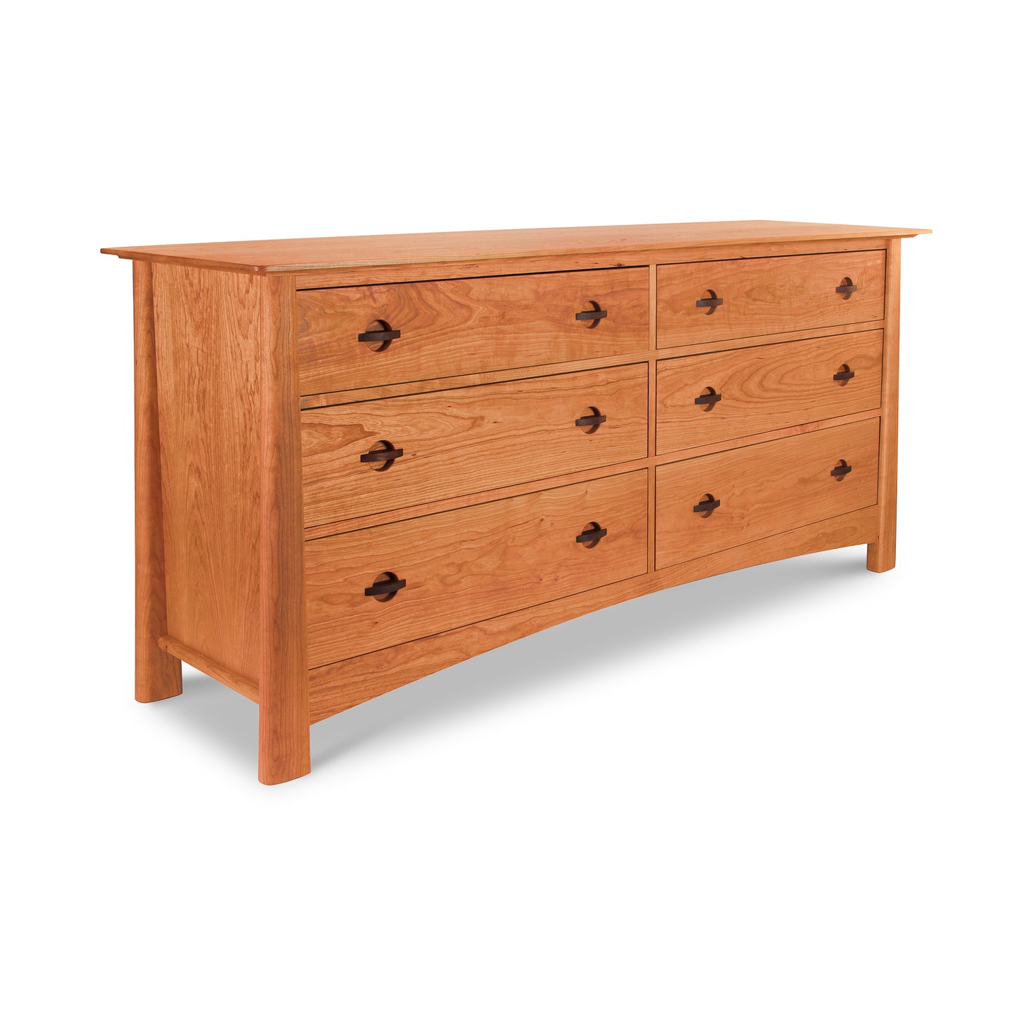 A Cherry Moon 6-Drawer Dresser from Maple Corner Woodworks with black metal handles, set against a white background. The dresser features a smooth top and a curved front.