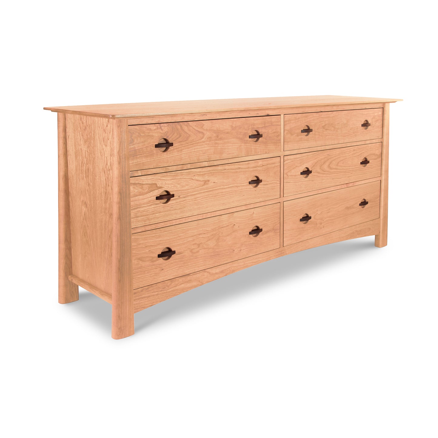 A Cherry Moon 6-Drawer Dresser from Maple Corner Woodworks with nine drawers and black metal handles, isolated on a white background. The dresser has a simple, elongated design with a natural wood finish.