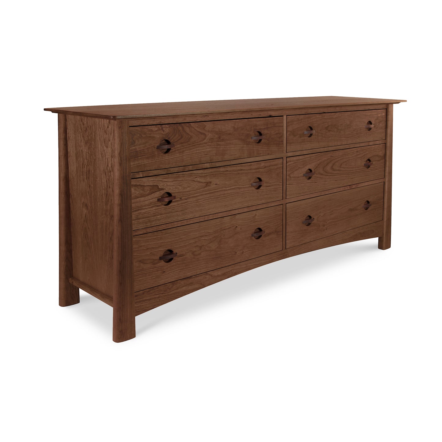 A handmade Cherry Moon 6-Drawer Dresser crafted from sustainably harvested wood by Maple Corner Woodworks, with nine drawers, featuring a tapered design and round knobs, isolated on a white background.