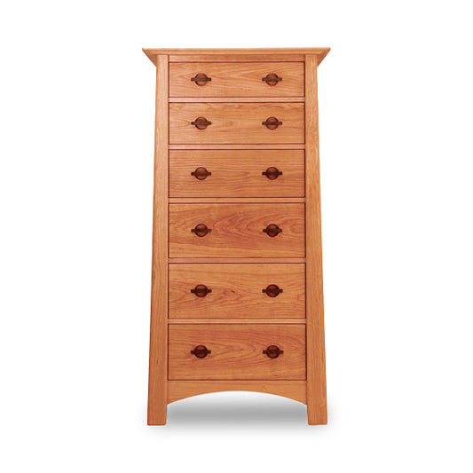 A tall Maple Corner Woodworks Cherry Moon Lingerie Chest, made from sustainably harvested solid woods, with six evenly spaced drawers, each featuring a round knob. The furniture has an eco-friendly oil finish.