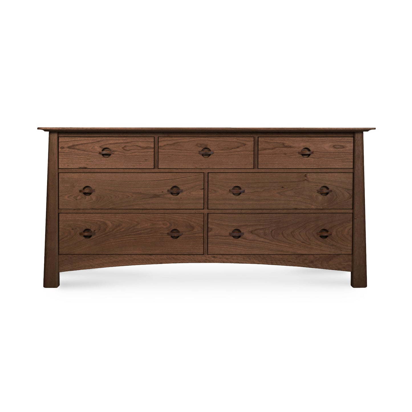A handmade Cherry Moon 7-Drawer Dresser from the Maple Corner Woodworks Collection, featuring three smaller drawers at the top and six larger ones below, all with round knobs, crafted from sustainably harvested wood, against a plain white background.