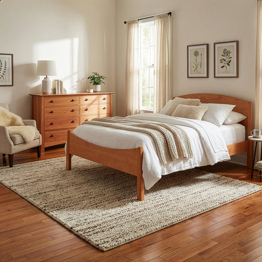Maple Corner Woodworks Cherry Moon 8-Drawer Dresser and solid wood bed with white bedding featured in an American made bedroom furniture set.