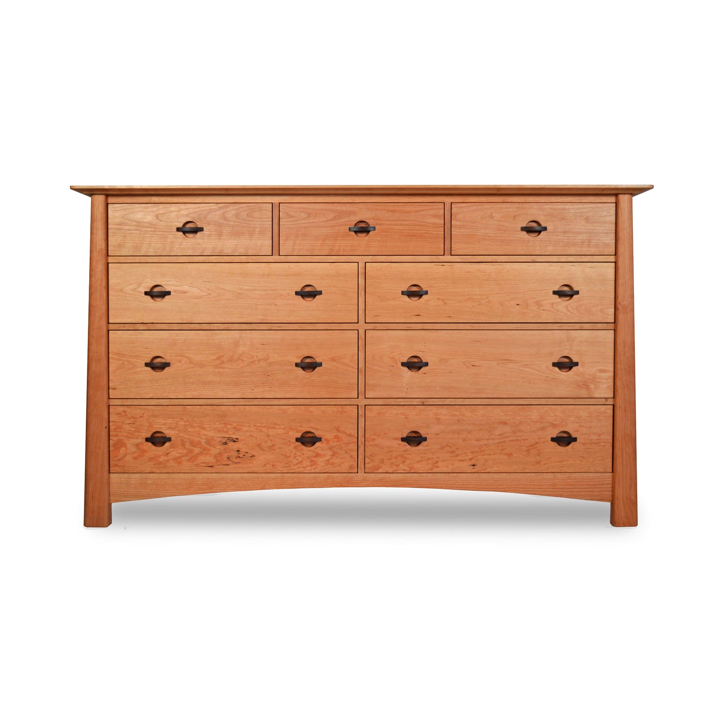 A handmade Cherry Moon 9-Drawer Dresser by Maple Corner Woodworks, featuring a symmetrical layout with three smaller drawers across the top and six larger drawers below, all with round handles, against a white background.